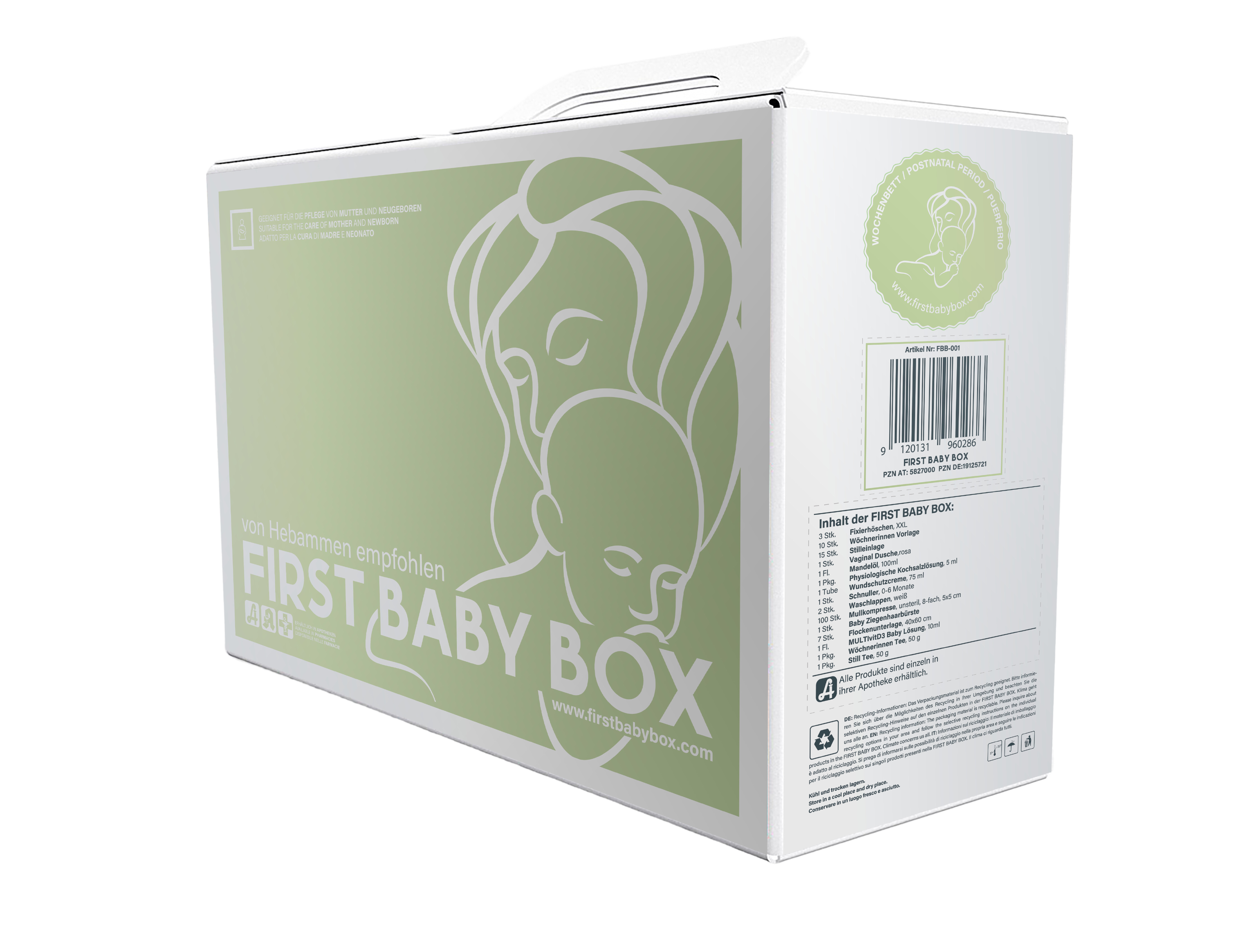 Das Bild zeigt die First Baby Box für Schwanger wie diese ausgeliefert wird.