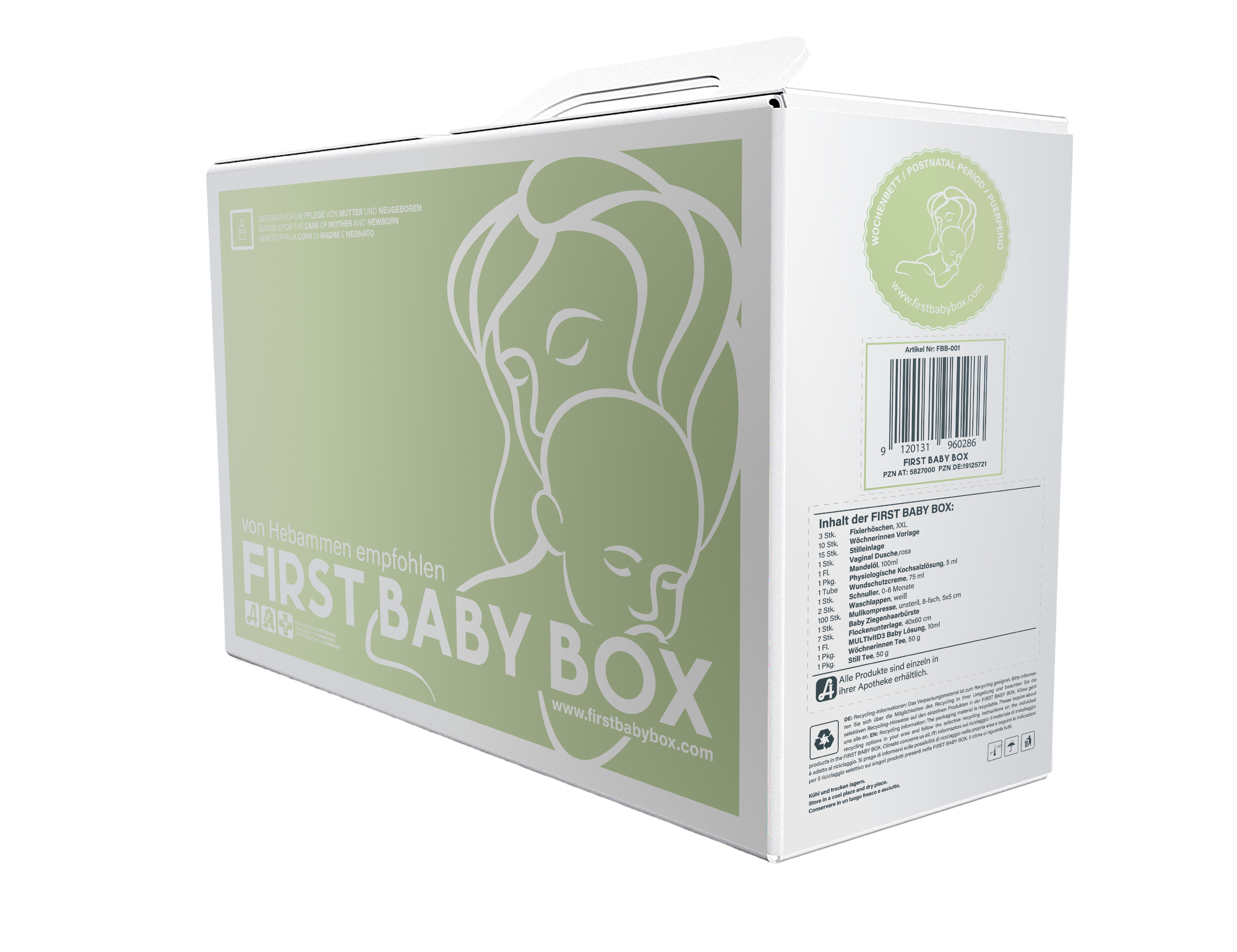 Geschenke für Schwangere - Das Bild zeigt die First Baby Box für Schwanger wie diese ausgeliefert wird.