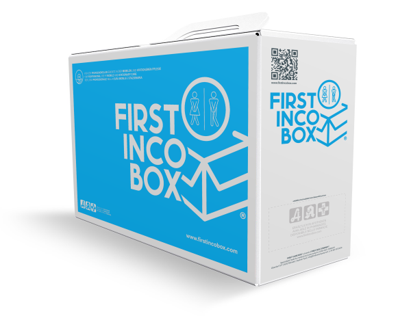 Das Bild zeigt die FIRST INCO BOX, eine Starterbox mit Inkontinenzprodukten