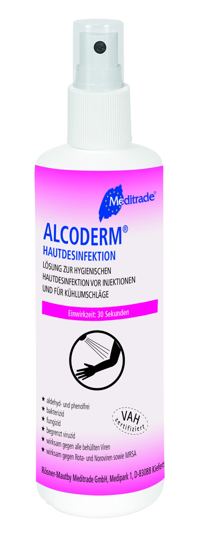 Das Bild zeigt eine 250 ml Sprühflasche der Hautdesinfektzion Alcoderm von der Firma Meditrade