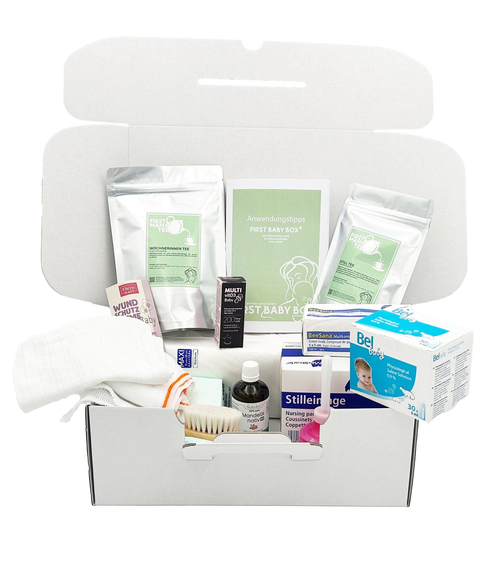 First Baby Box" mit Pflegeprodukten und Zubehör für die Zeit nach der Geburt.